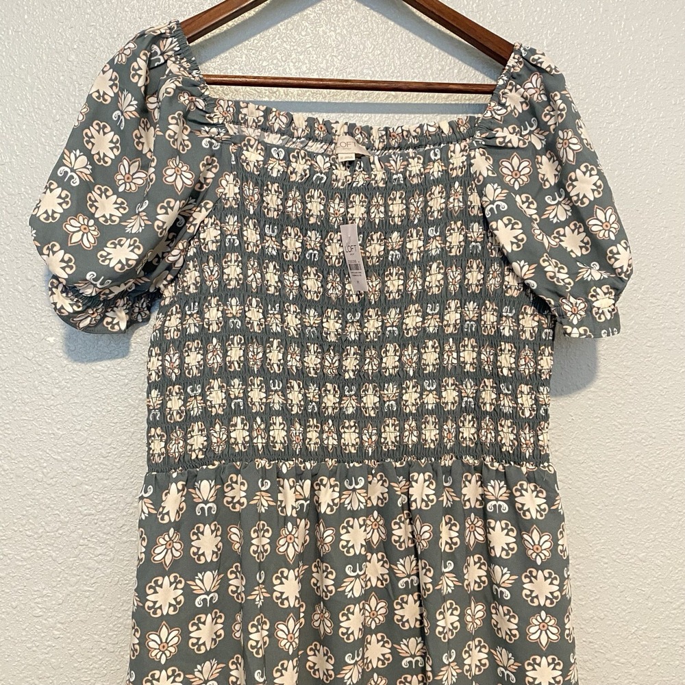 Loft Women's Green‎ Floral Stretch Smocked Short Sleeve Square Neck Mini Dress M